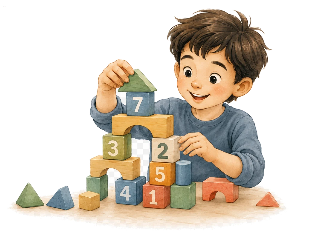 A child building a tower with numbered wooden blocks